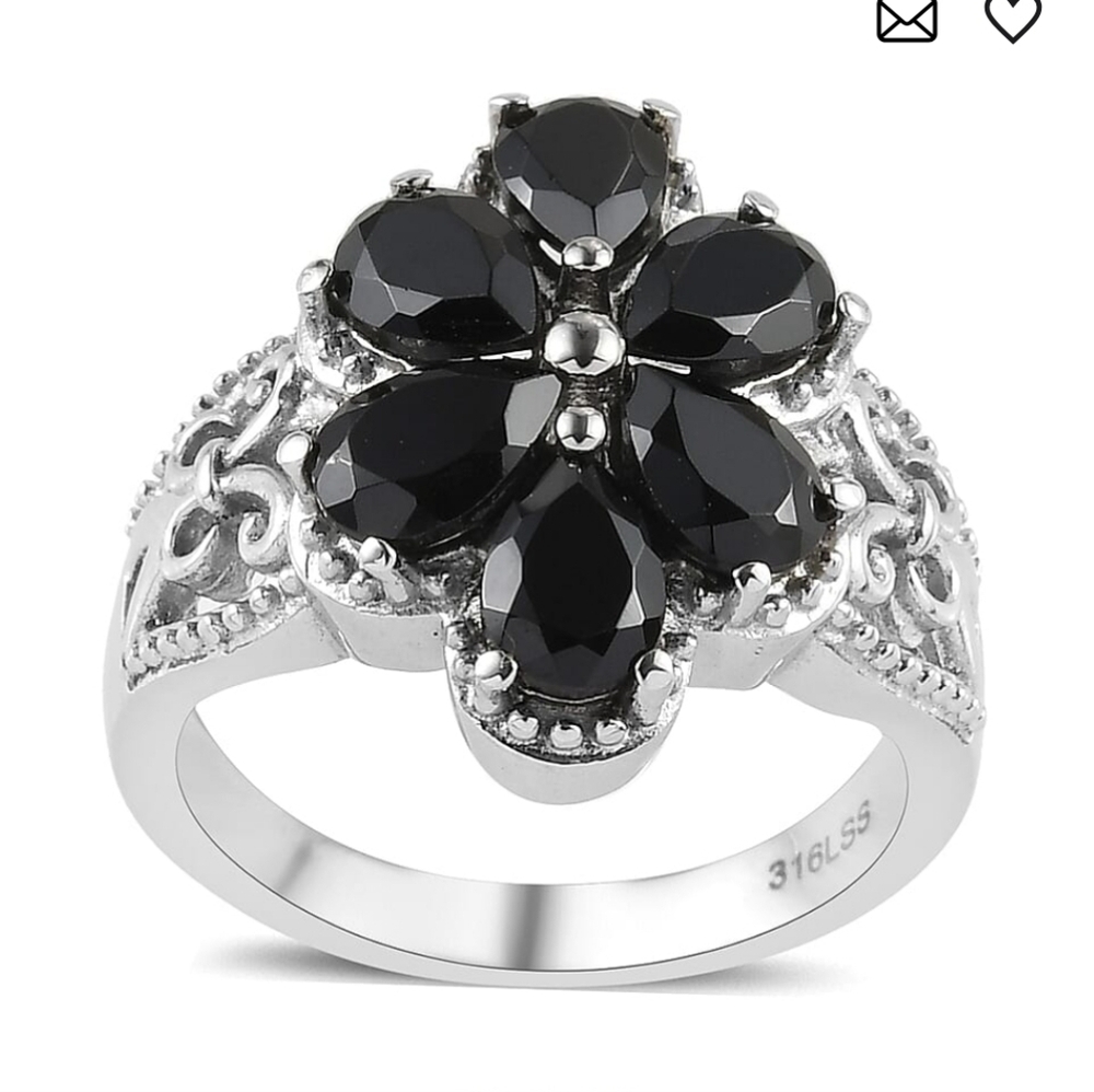 🆕️ Thai Black Spinel Floral Ring in Stainless Steel 3.35 ctw - Size 7